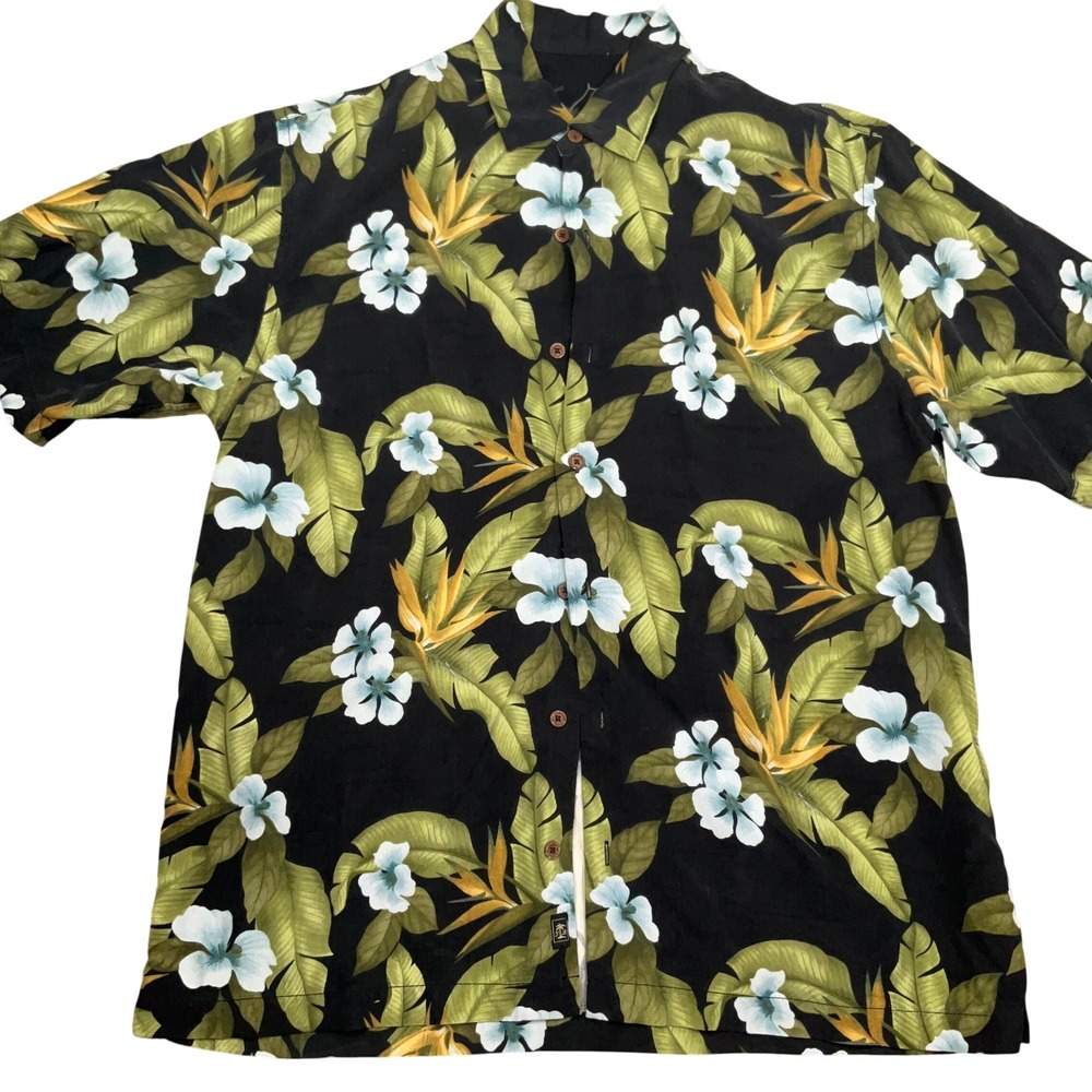 Tommy Bahama Shirt Mens Large Black Green Floral Hawaiian Tropical Resort Silk